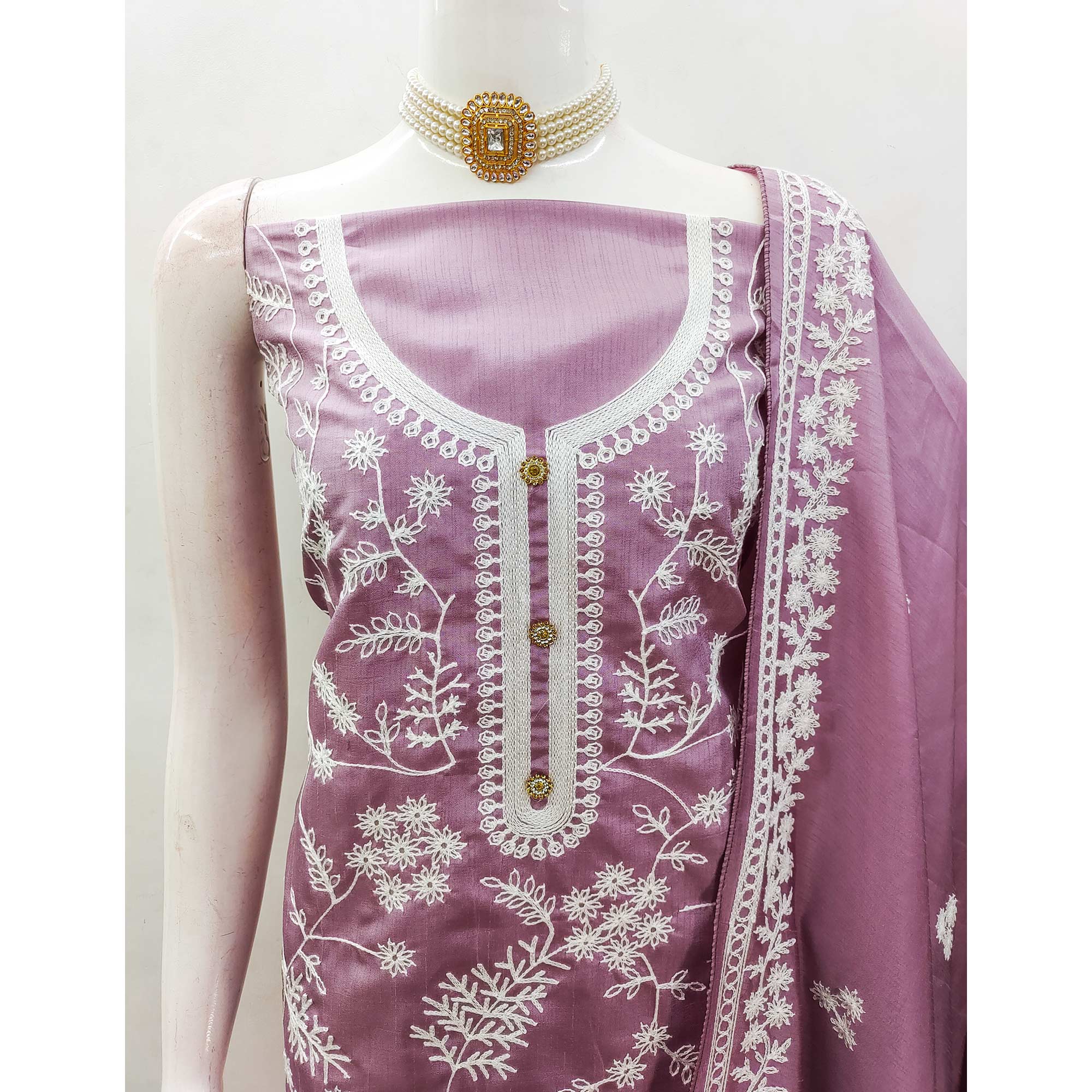 Onion Pink Floral Embroidered Art Silk Dress Material