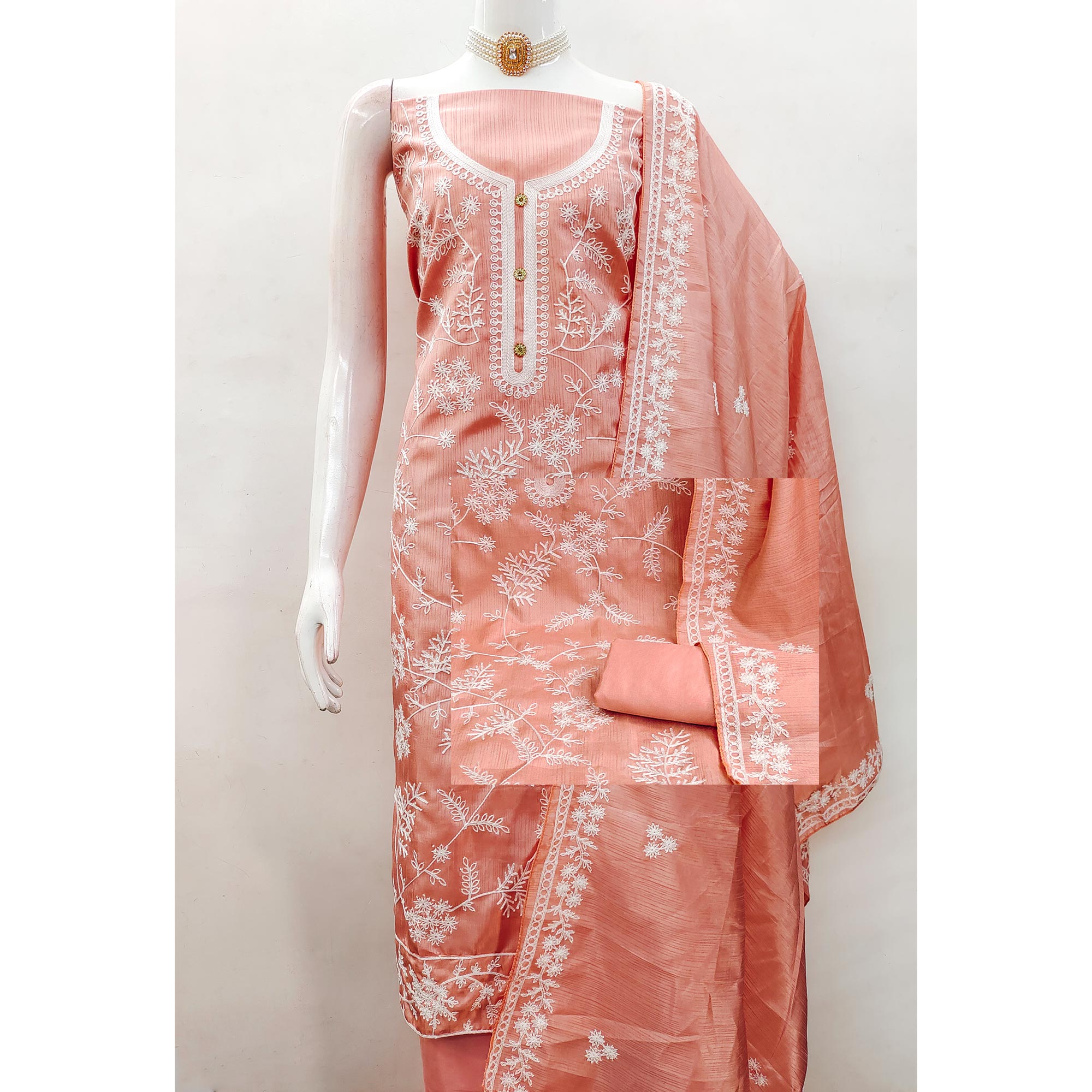 Peach Floral Embroidered Art Silk Dress Material