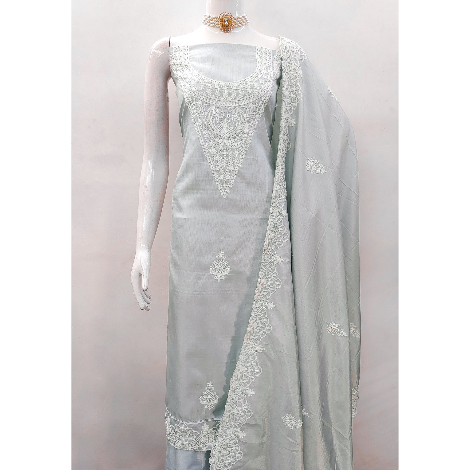 Grey Paisley Floral Embroidered Art Silk Dress Material
