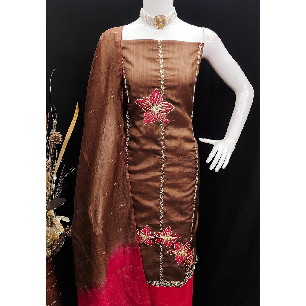 Brown Floral Sequins Embroidered Art Silk Dress Material