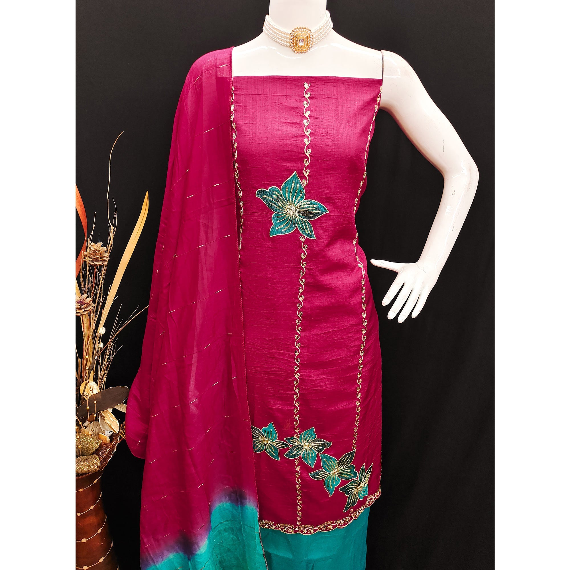 Pink Floral Sequins Embroidered Art Silk Dress Material