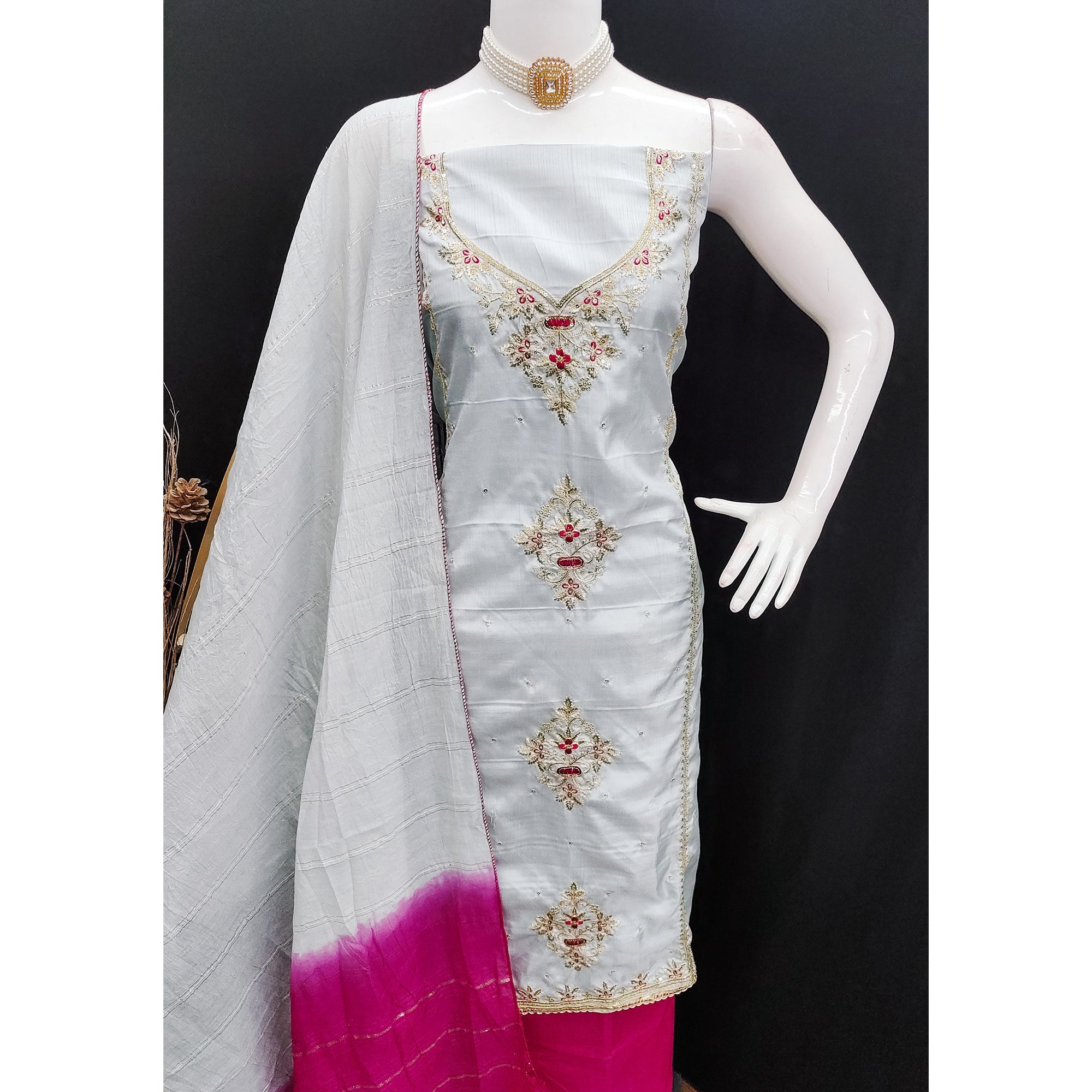 Grey Floral Sequins Embroidered Art Silk Dress Material