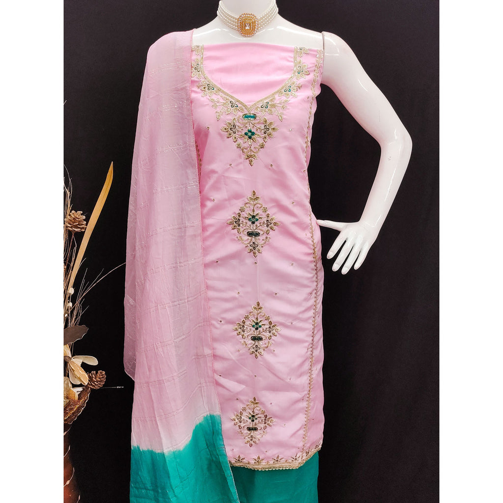 Pink Floral Sequins Embroidered Art Silk Dress Material