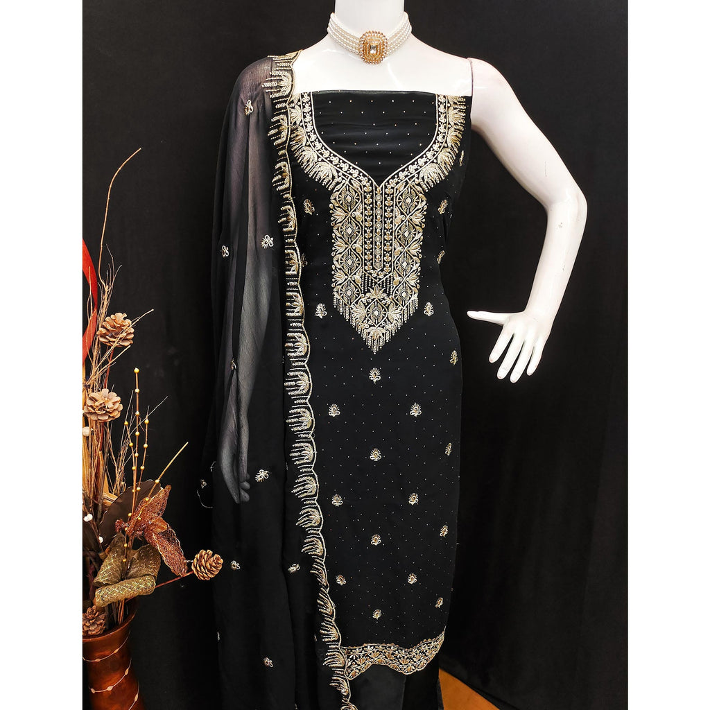 Black Floral Embroidered With Stonework Georgette Dress Material