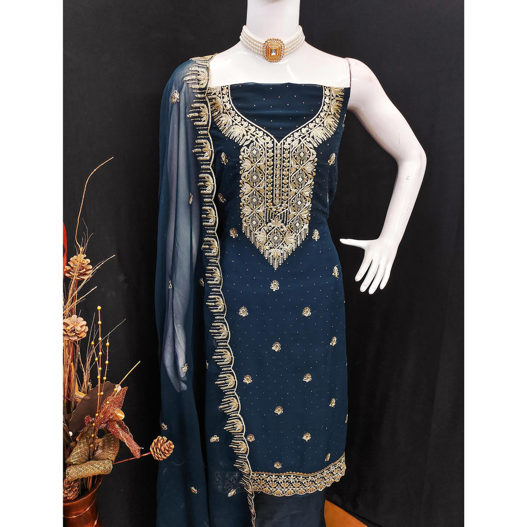 Blue Floral Embroidered With Stonework Georgette Dress Material