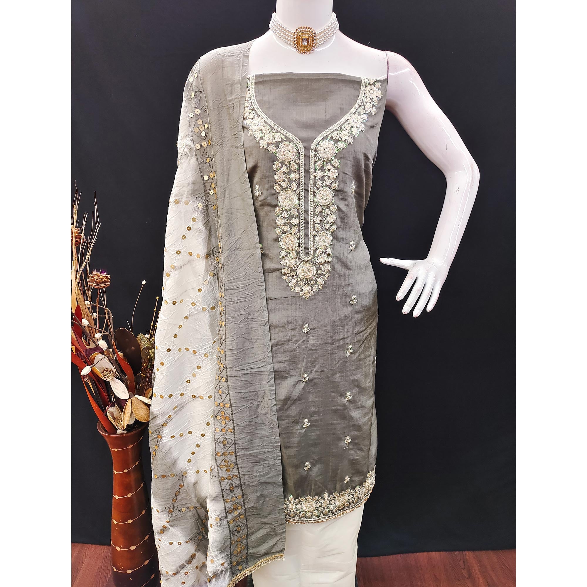 Grey Floral Sequins Embroidered Art Silk Dress Material