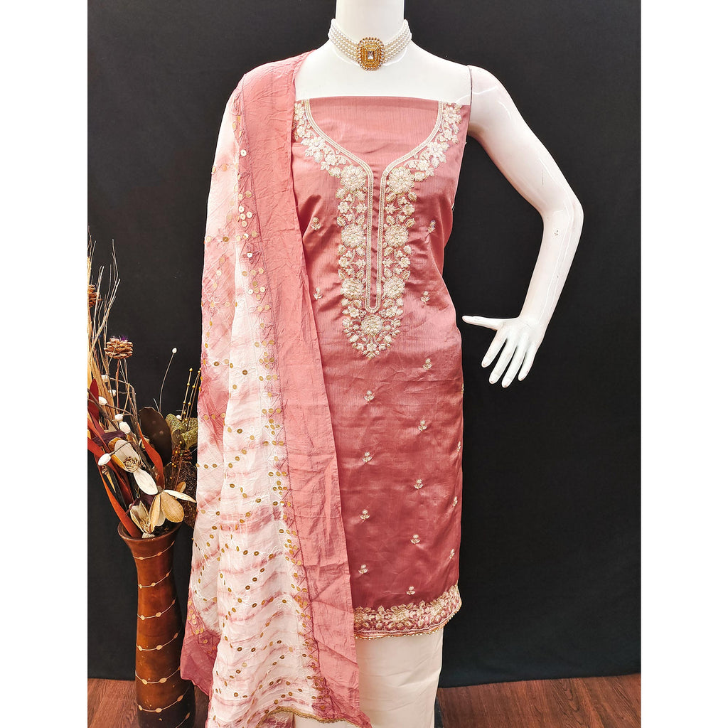 Peach Floral Sequins Embroidered Art Silk Dress Material