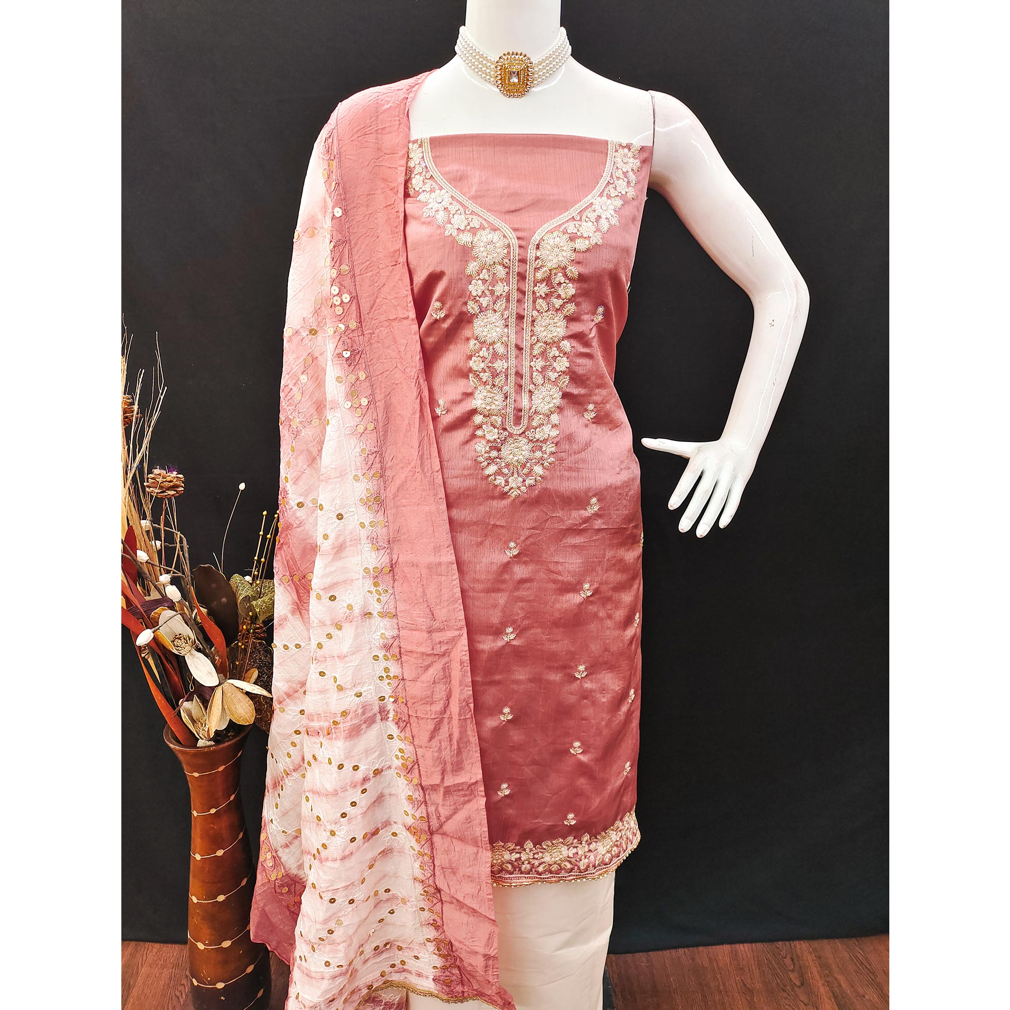 Peach Floral Sequins Embroidered Art Silk Dress Material