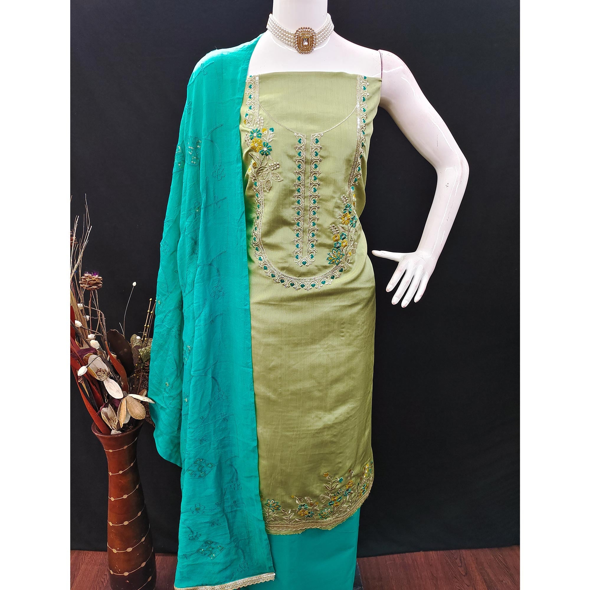 Green Floral Sequins Embroidered Art Silk Dress Material