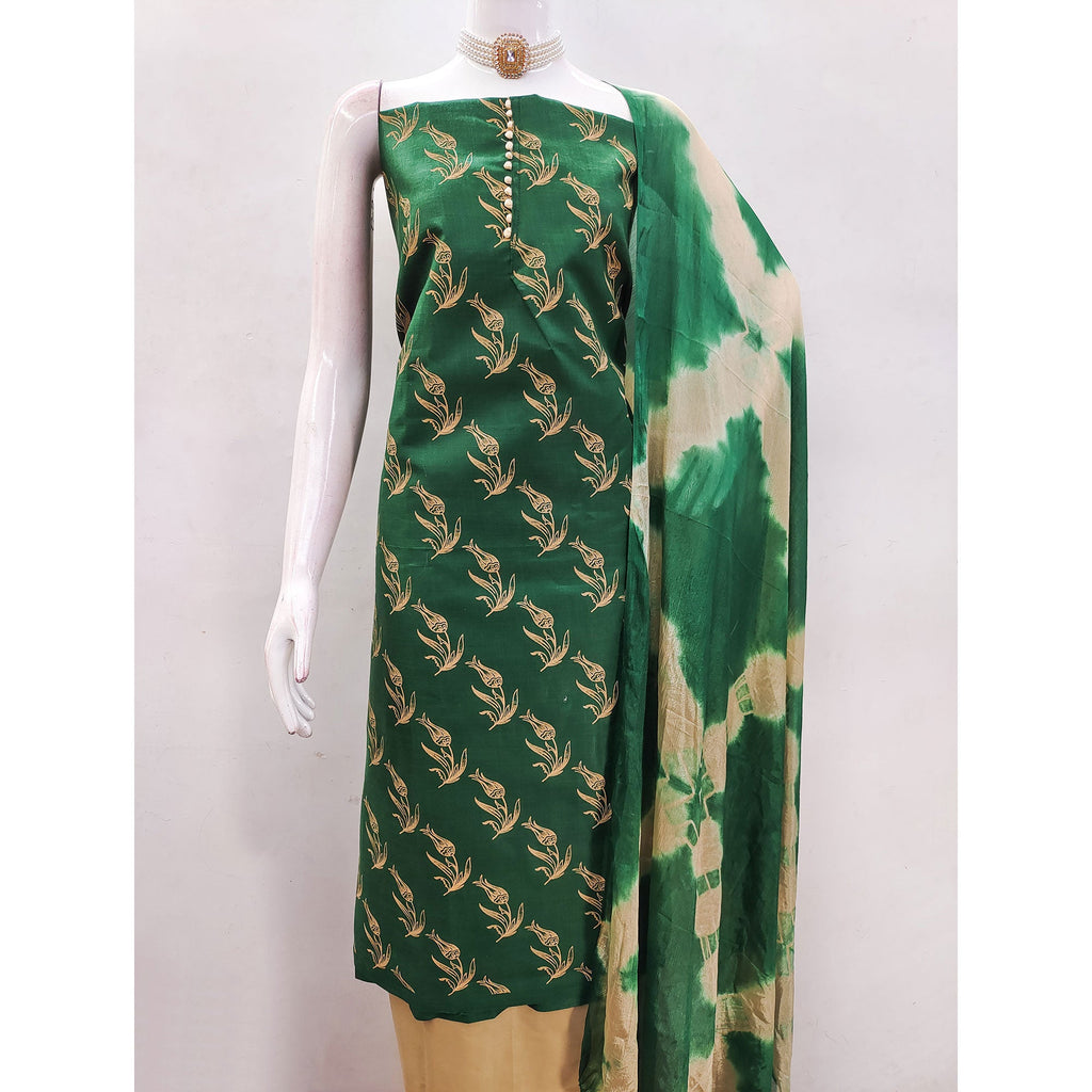 Green Floral Printed Slub Cotton Dress Material