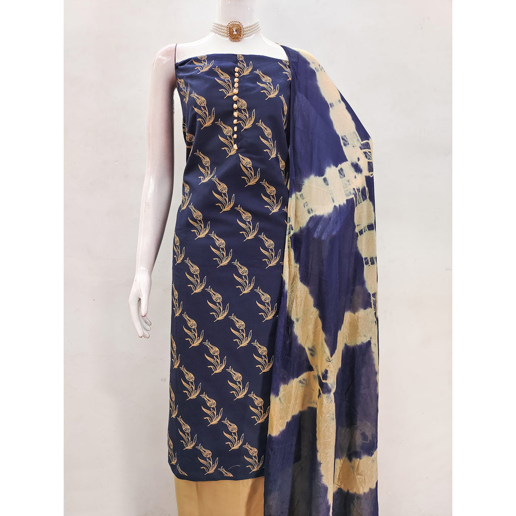 Navy Blue Floral Printed Slub Cotton Dress Material