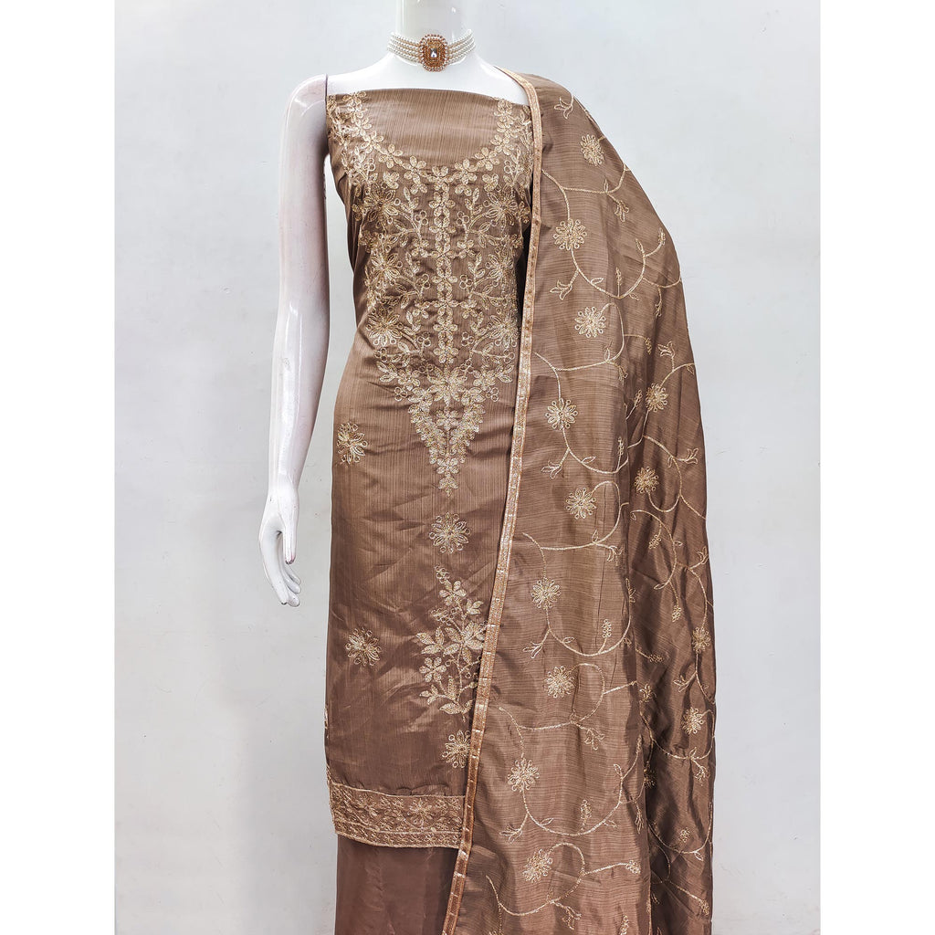 Chikoo Floral Embroidered Art Silk Dress Material