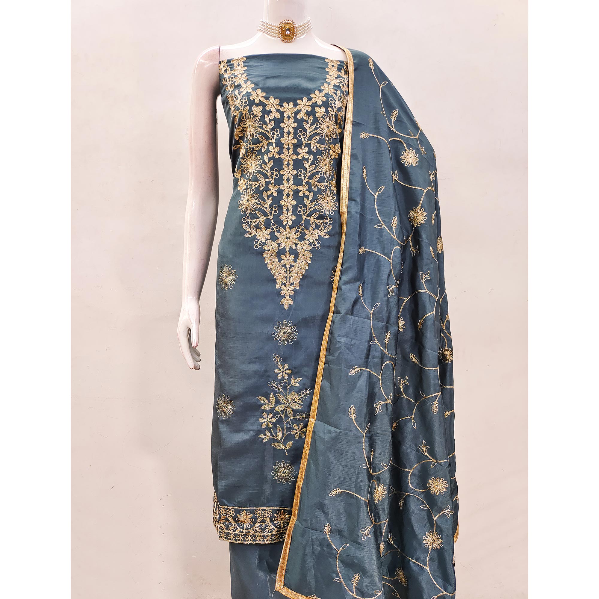 Grey Floral Embroidered Art Silk Dress Material