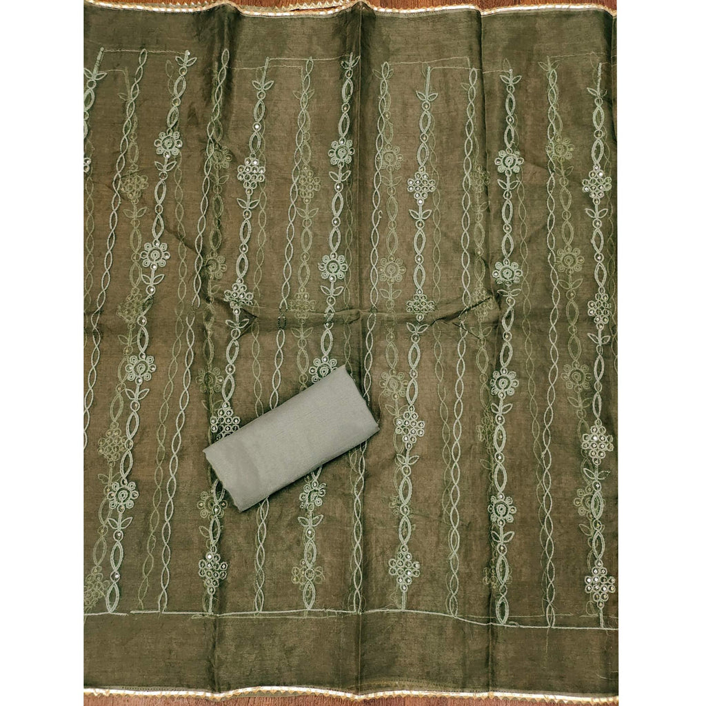 Green Floral Sequins Embroidered Banarasi Silk Dress Material