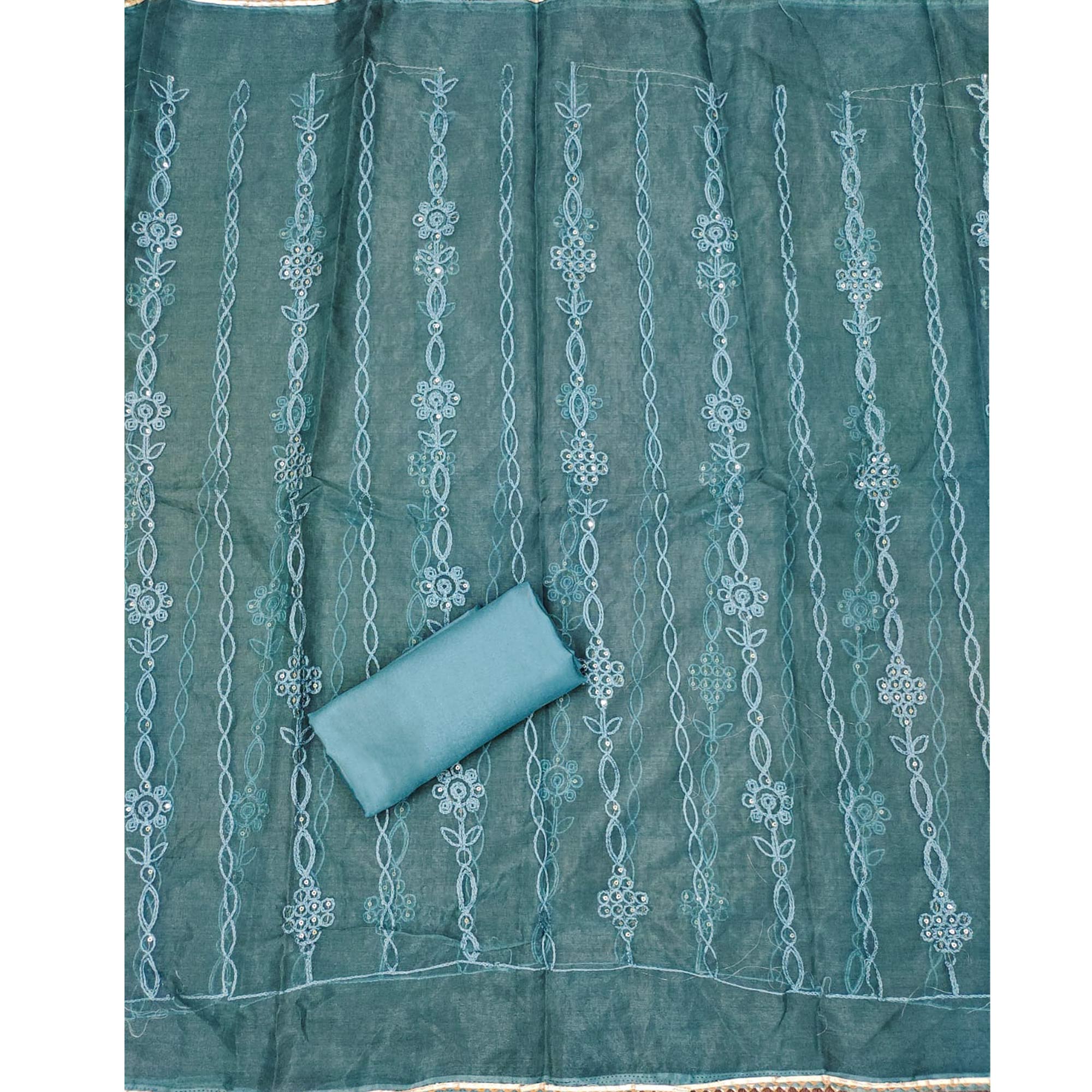 Blue Floral Embroidered Burberry Zoya Silk Dress Material