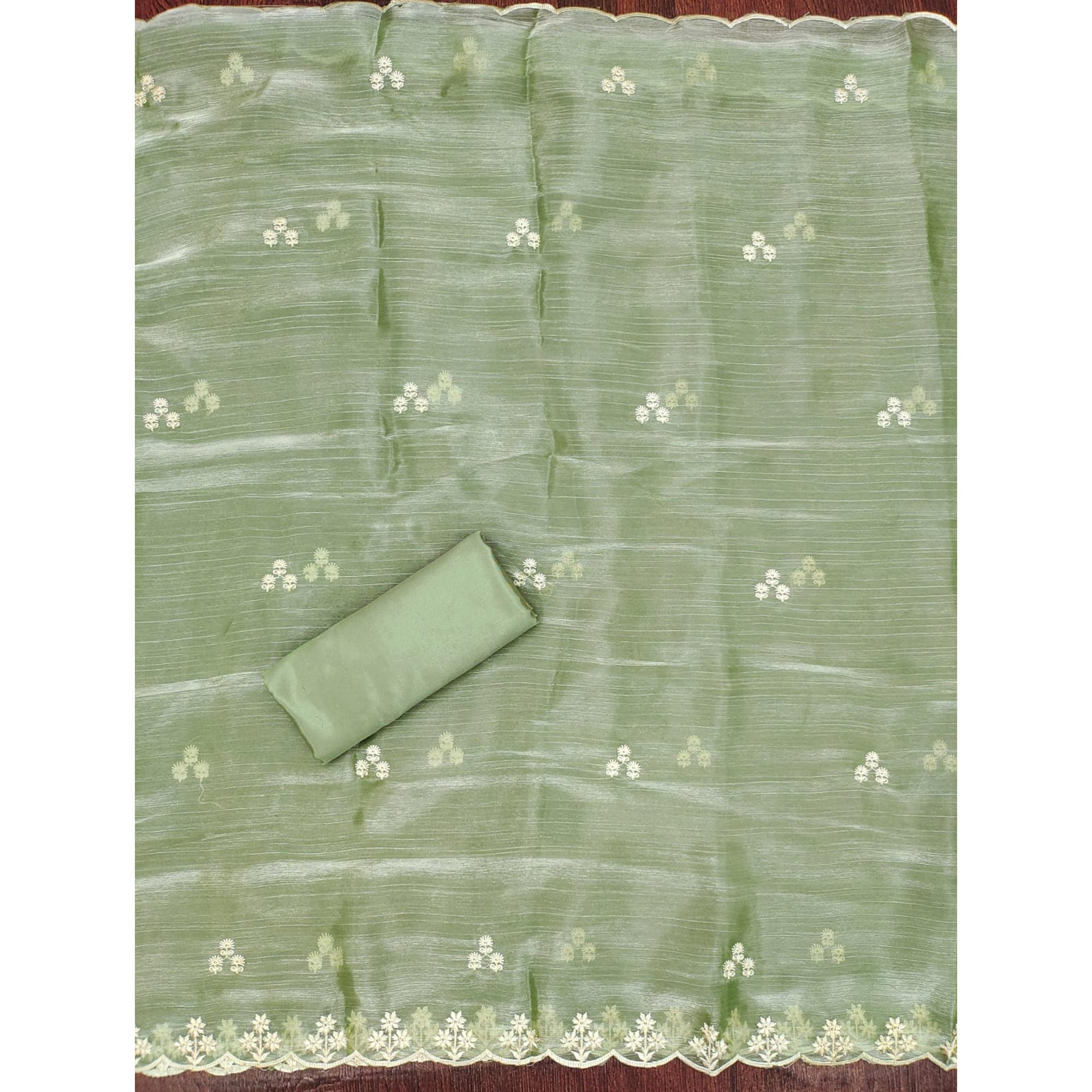 Green Floral Embroidered Burberry Zoya Silk Dress Material