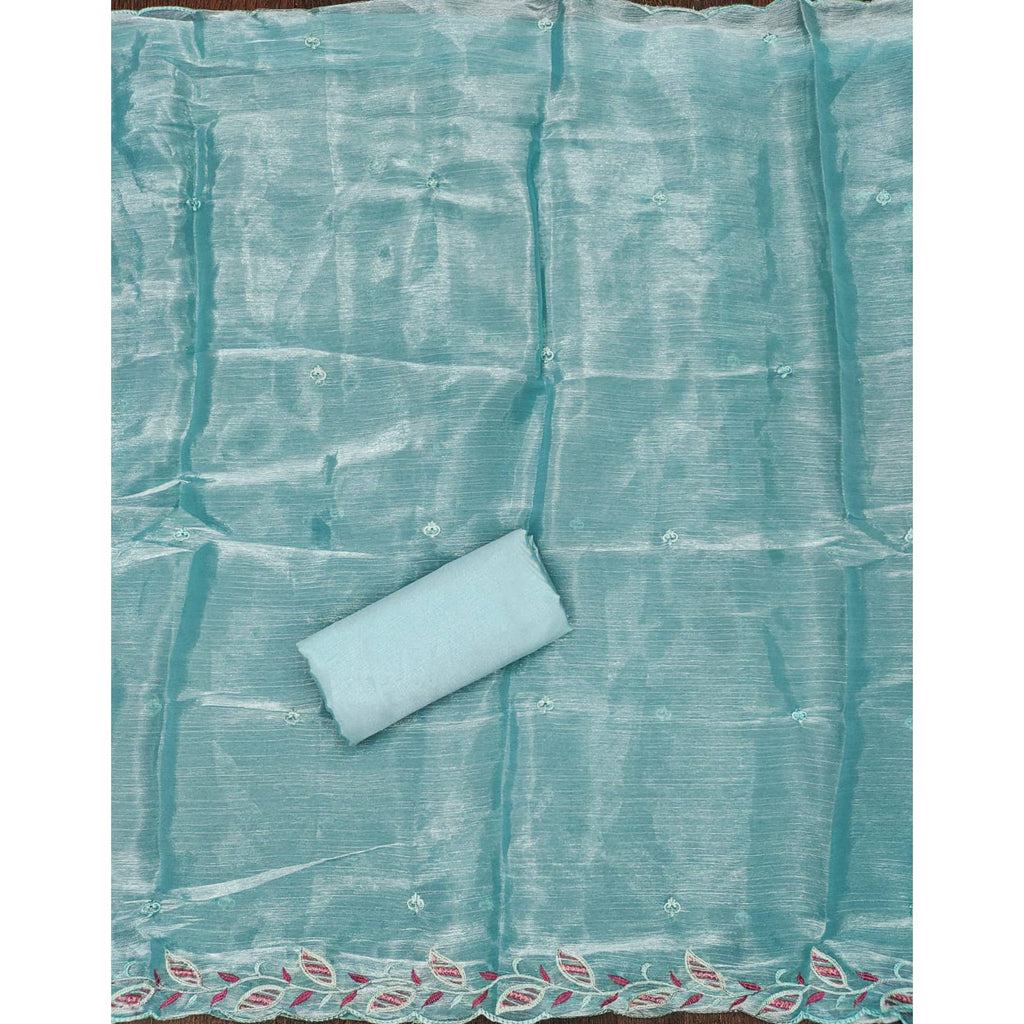 Blue Floral Sequins Embroidered Burberry Zoya Silk Dress Material