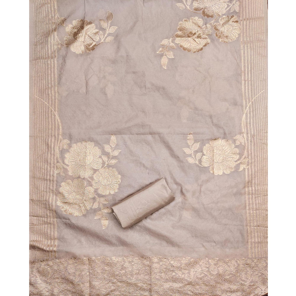 Chikoo Floral Embroidered Chinon Silk Dress Material