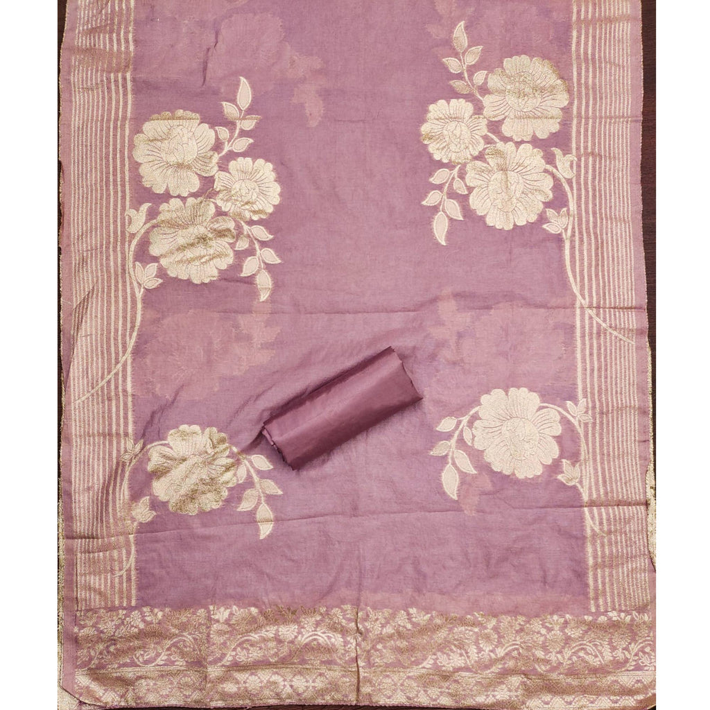 Light Mauve Floral Embroidered Chinon Silk Dress Material