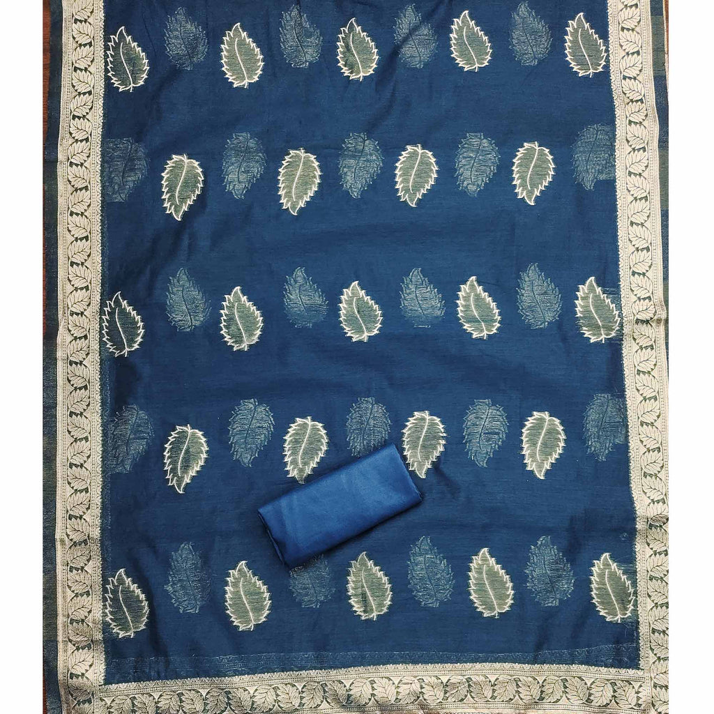 Blue Floral Woven Shimmer Jacquard Dress Material