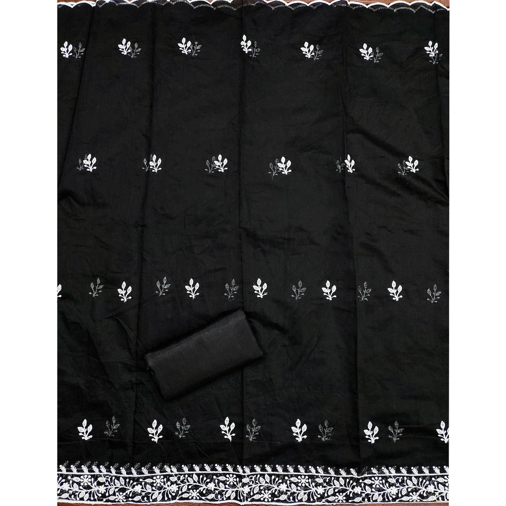 Black Floral Embroidered Modal Chanderi Silk Dress Material