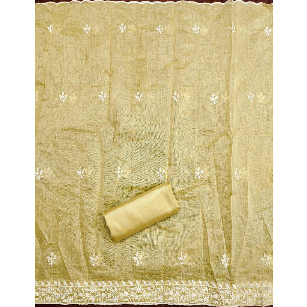 Light Yellow Floral Embroidered Modal Chanderi Silk Dress Material