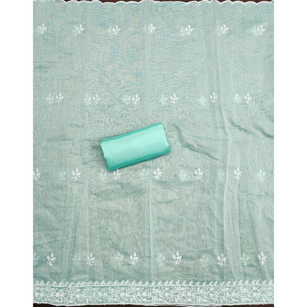 Light Turquoise Floral Embroidered Modal Chanderi Silk Dress Material