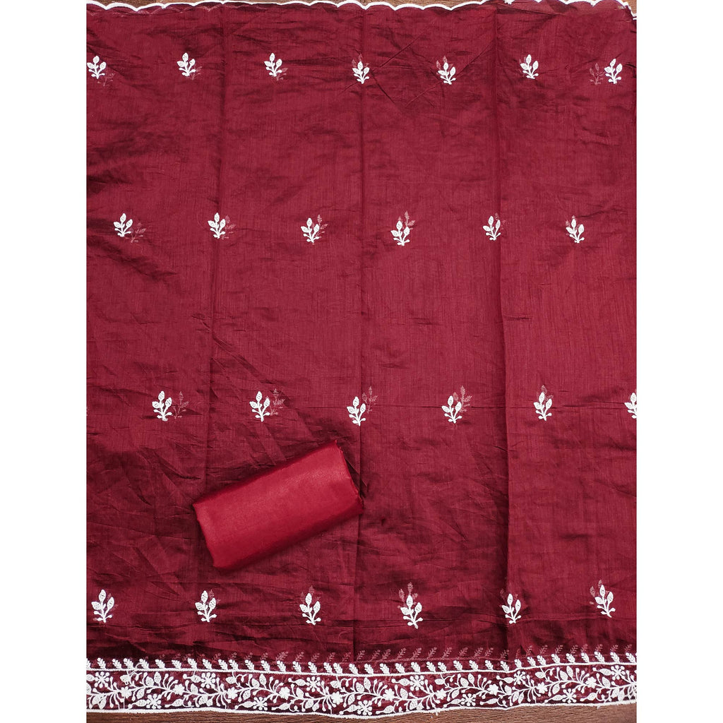 Maroon Floral Embroidered Modal Chanderi Silk Dress Material