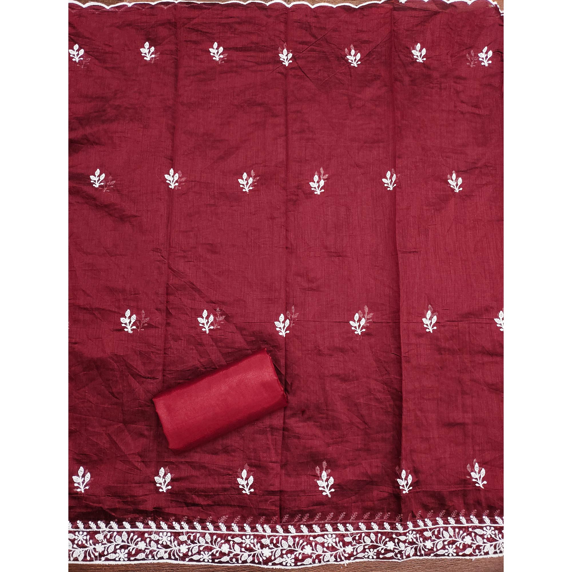 Maroon Floral Embroidered Modal Chanderi Silk Dress Material