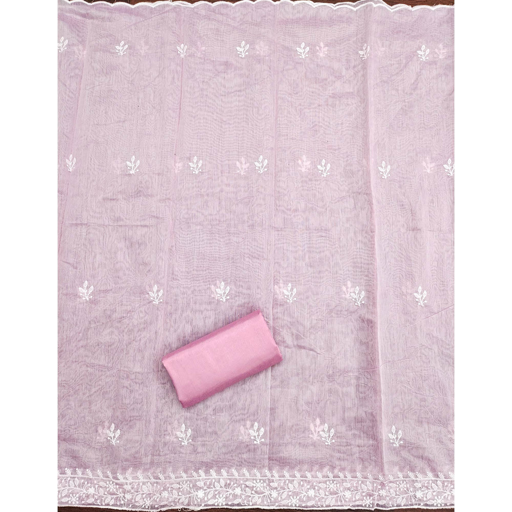 Pink Floral Embroidered Modal Chanderi Silk Dress Material
