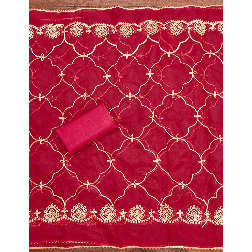 Cherry Red Floral Woven Organza Jacquard Dress Material