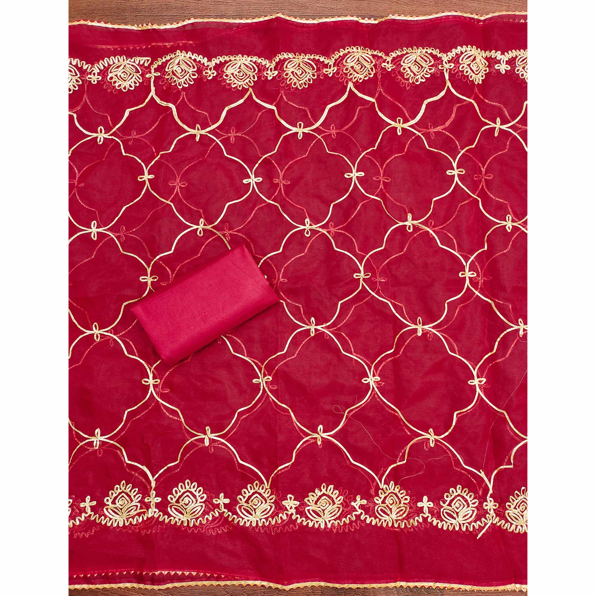 Cherry Red Floral Woven Organza Jacquard Dress Material