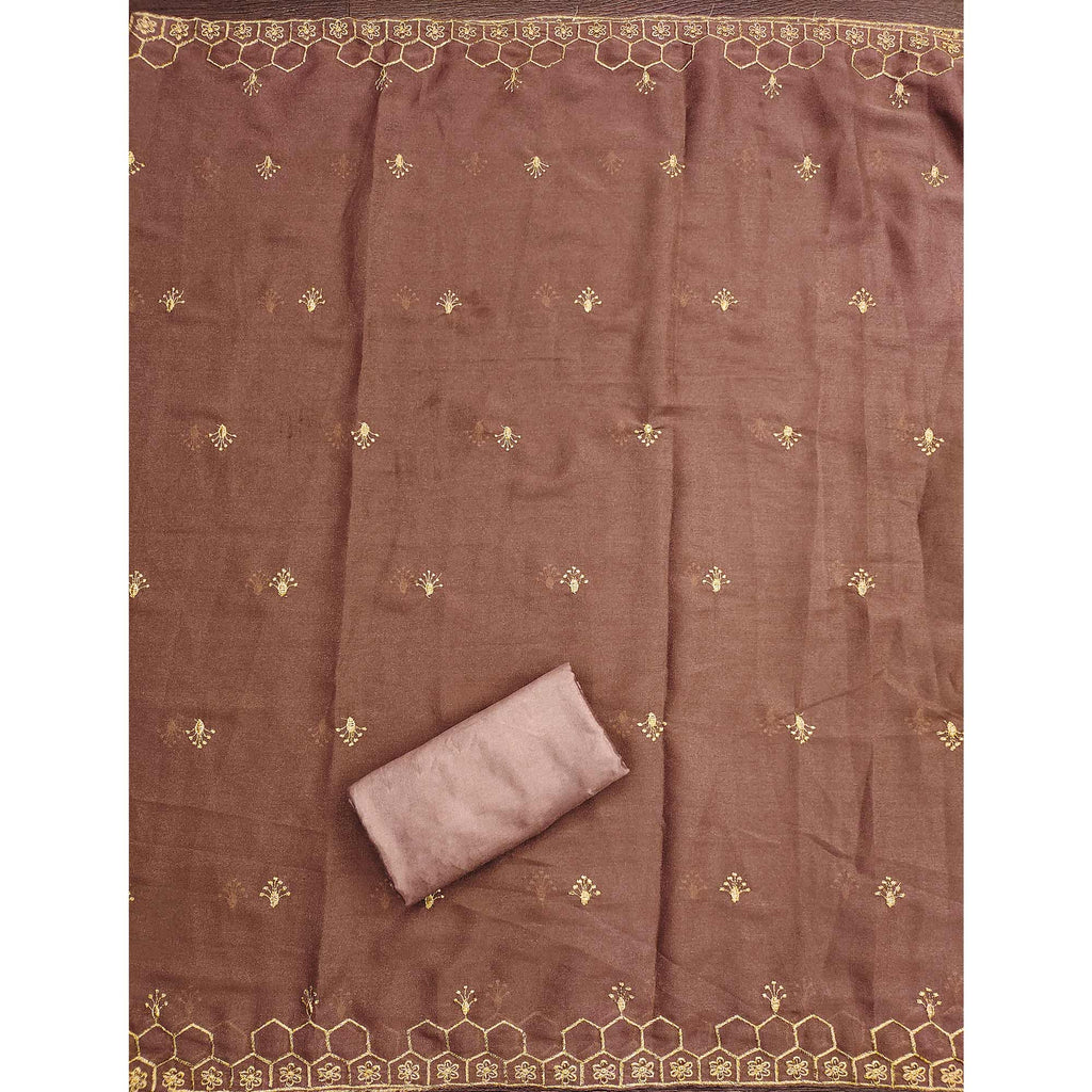 Brown Floral Embroidered Georgette Dress Material