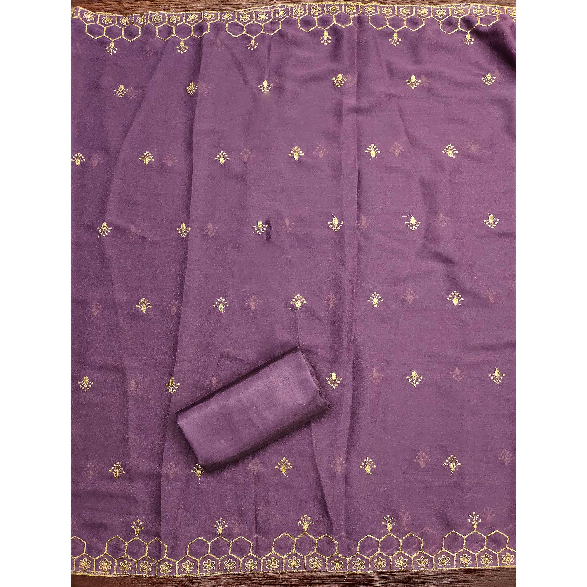 Lavender Floral Embroidered Georgette Dress Material