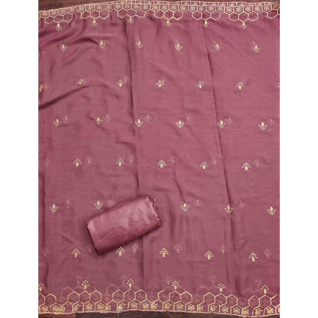 Mauve Floral Embroidered Georgette Dress Material