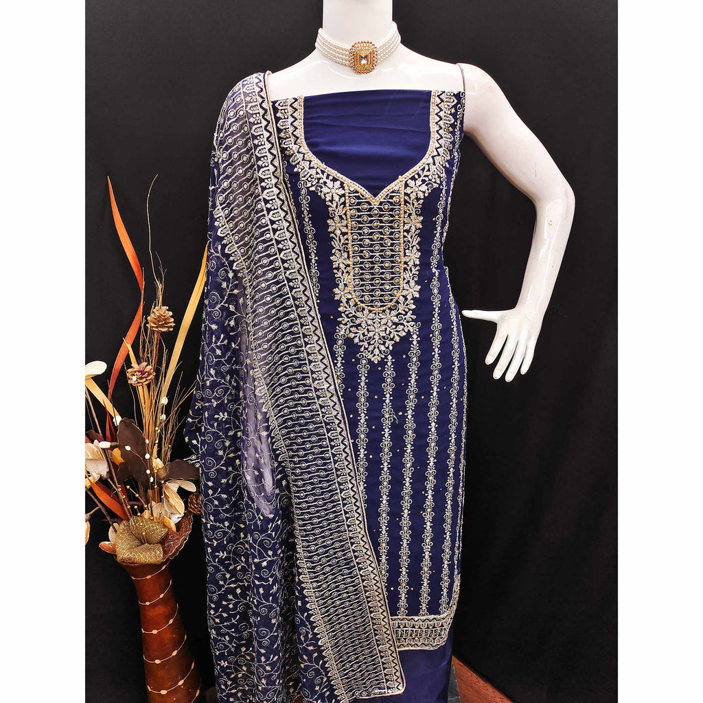 Navy Blue Floral Embroidered Georgette Dress Material