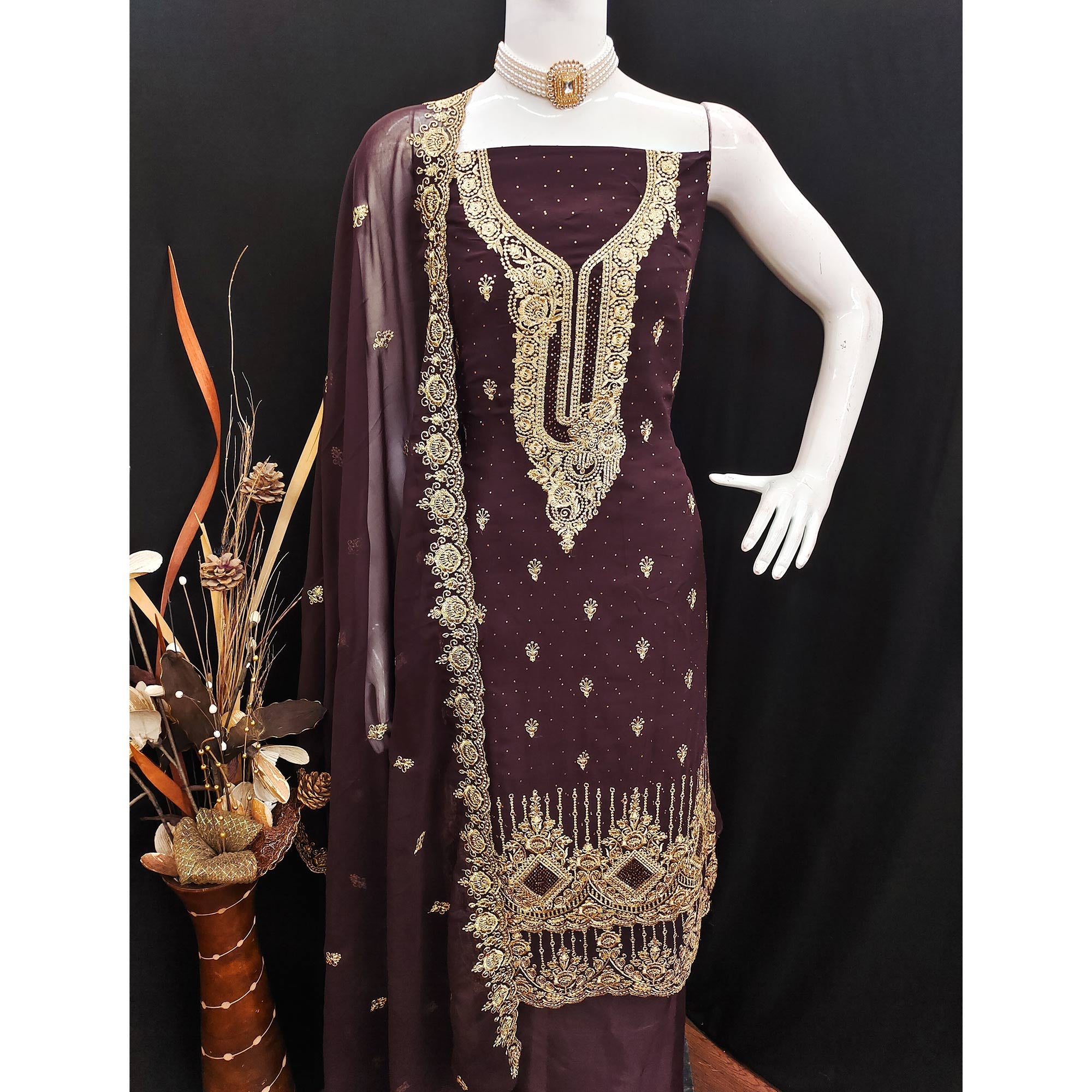 Brown Embroidered With Swarovski Work Georgette Dress Material