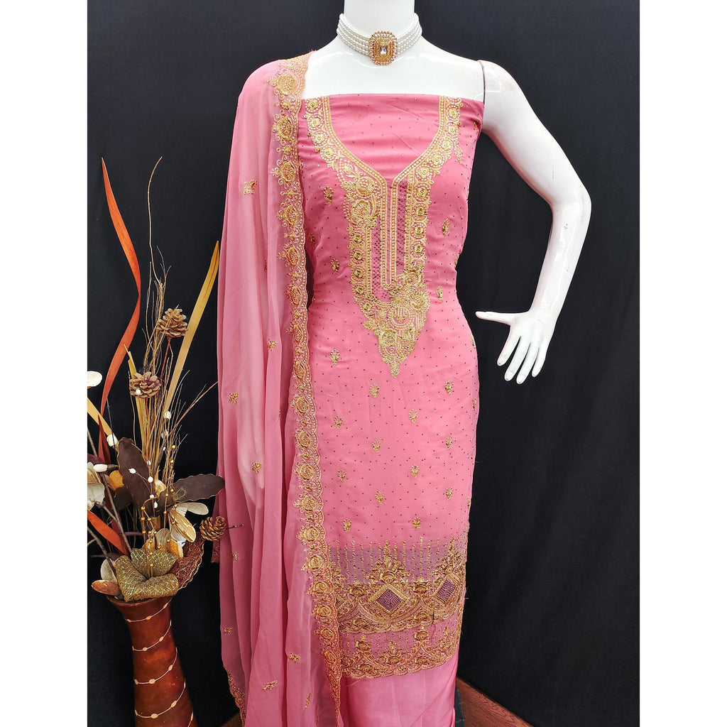 Pink Embroidered With Swarovski Work Georgette Dress Material