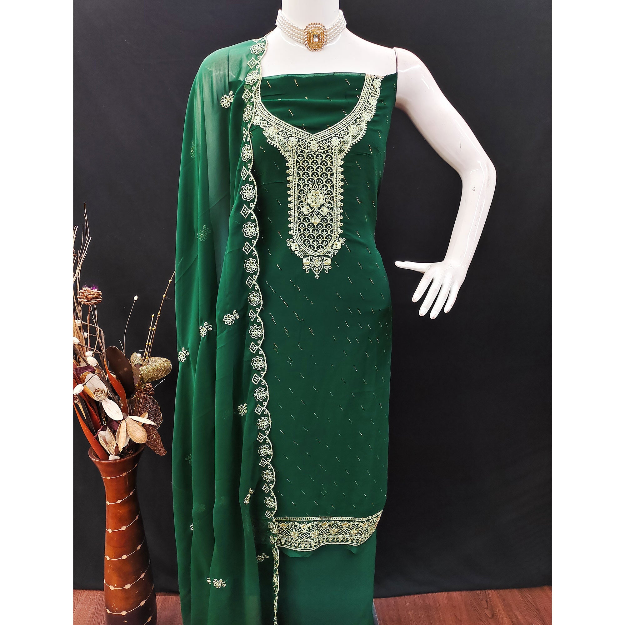 Green Floral Embroidered With Swarovski Work Georgette Dress Material