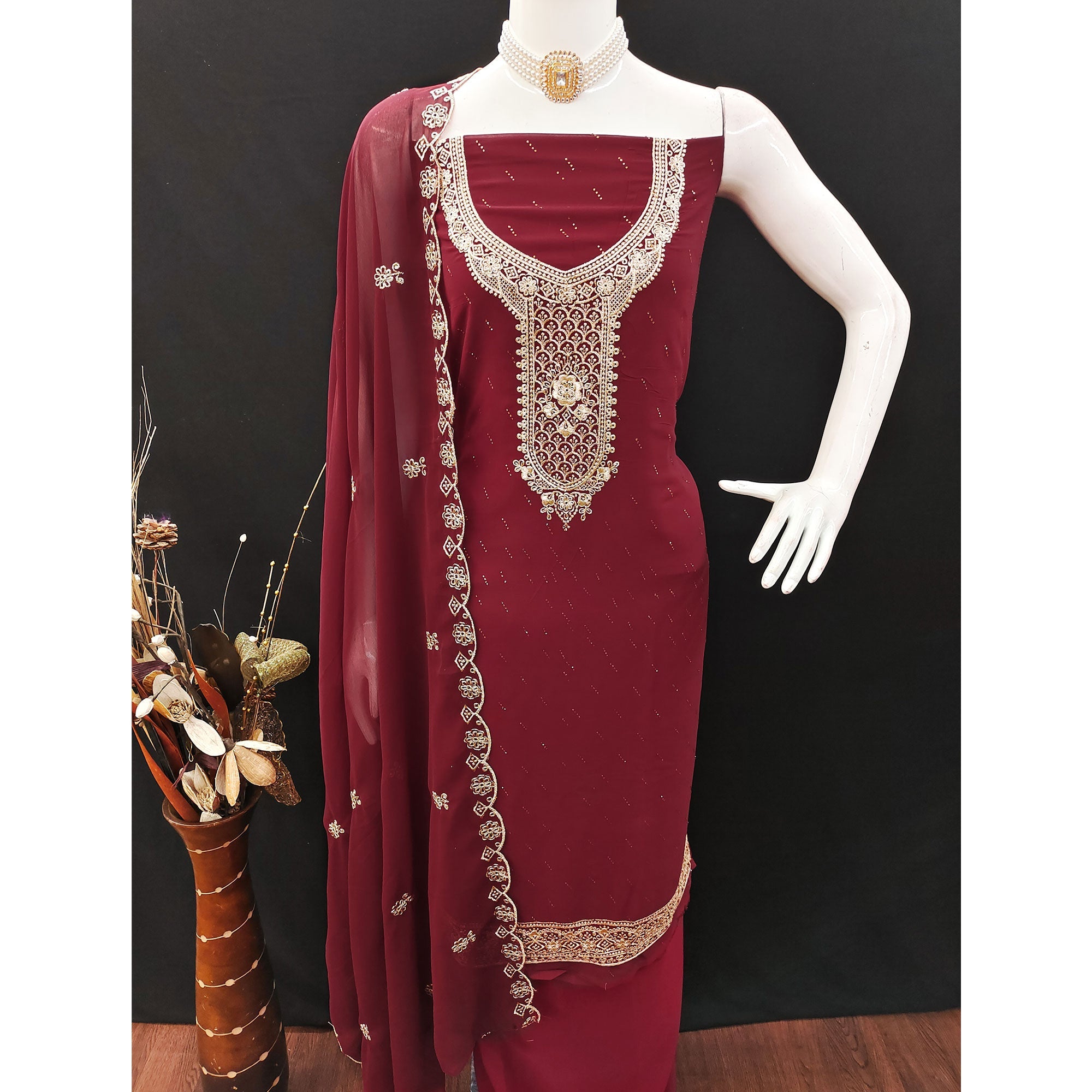 Maroon Floral Embroidered With Swarovski Work Georgette Dress Material