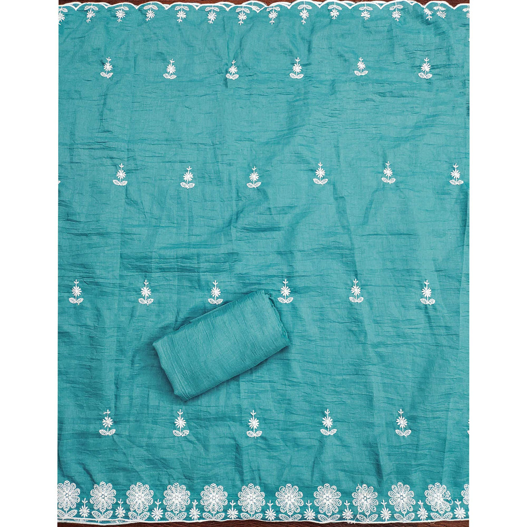 Blue Floral Embroidered Art Silk Dress Material