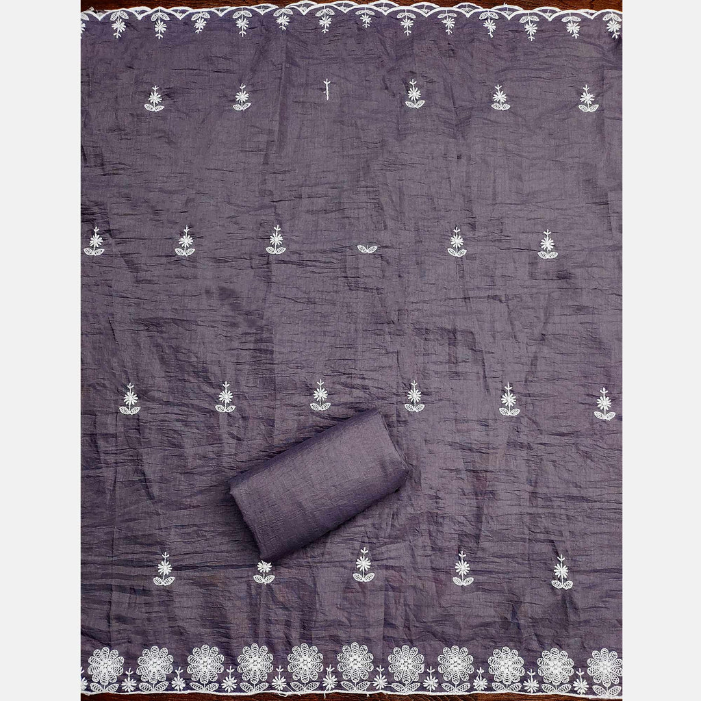 Dark Grey Floral Embroidered Art Silk Dress Material