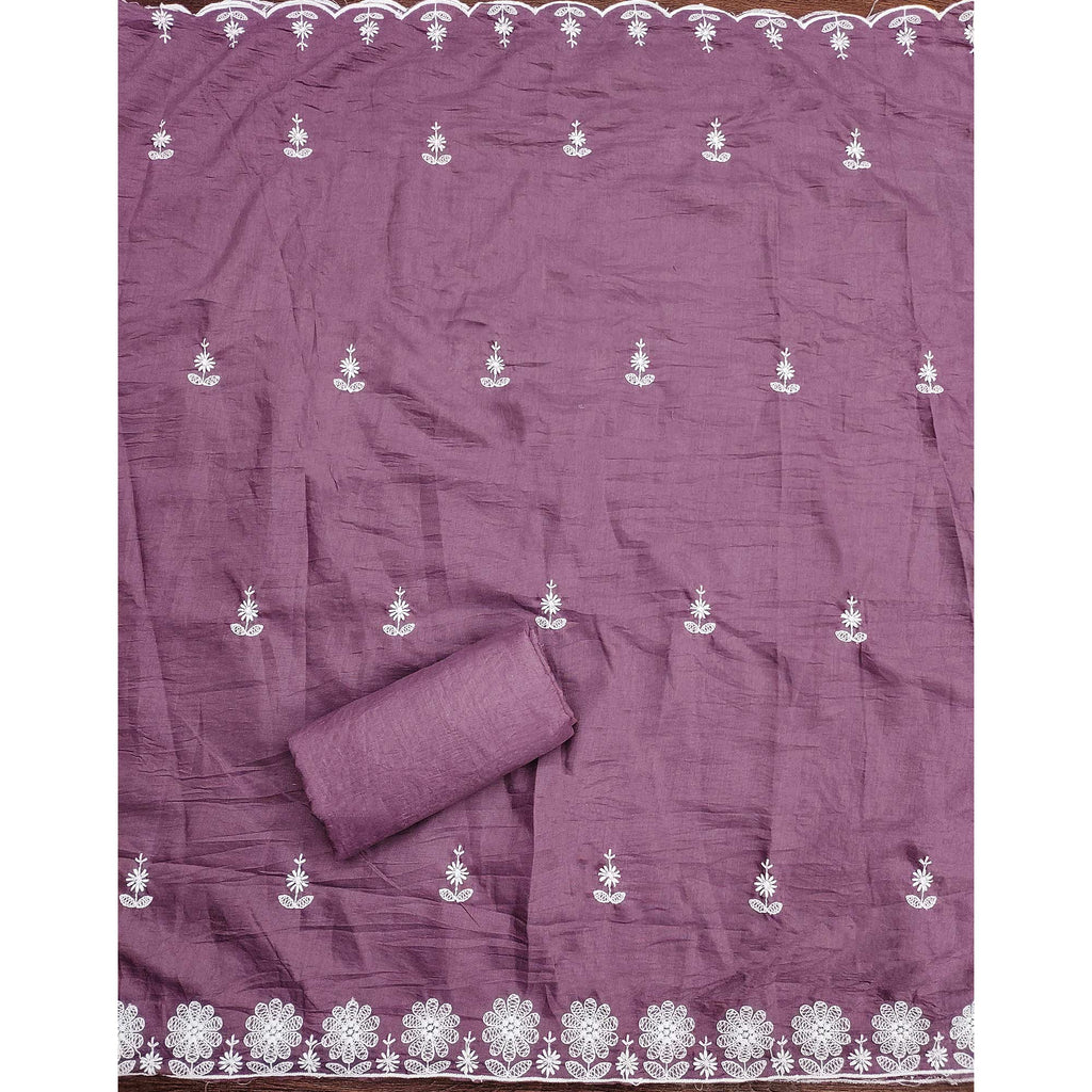 Dark Mauve Floral Embroidered Art Silk Dress Material