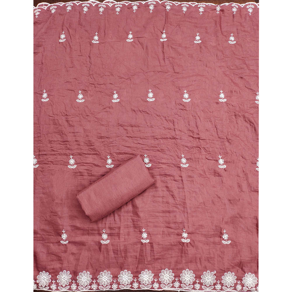 Dusty Rose Pink Floral Embroidered Art Silk Dress Material