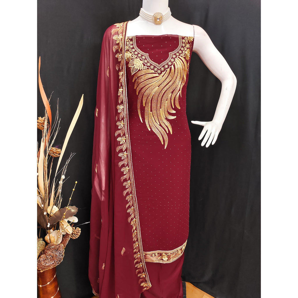 An Ethereal Charm Maroon Floral Embroidery With Stone Work Georgette Dress Material