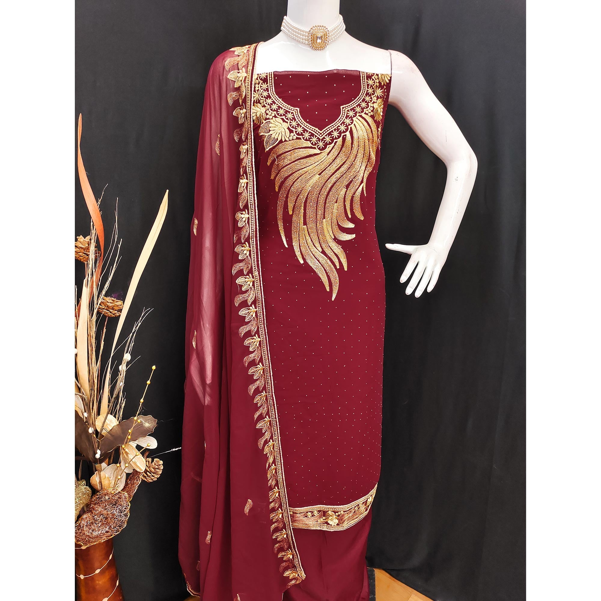 An Ethereal Charm Maroon Floral Embroidery With Stone Work Georgette Dress Material