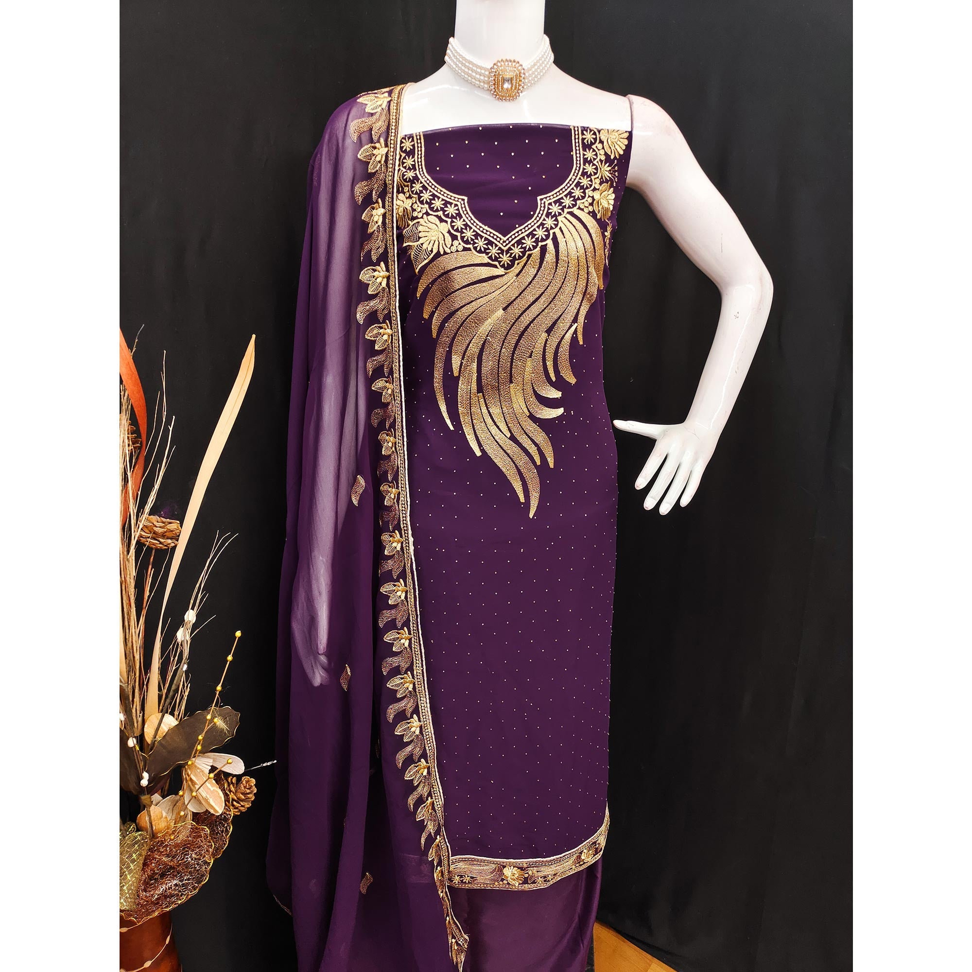A Mesmerizing Creation Wine Floral Embroidery With Stone Work Georgette Dress Material