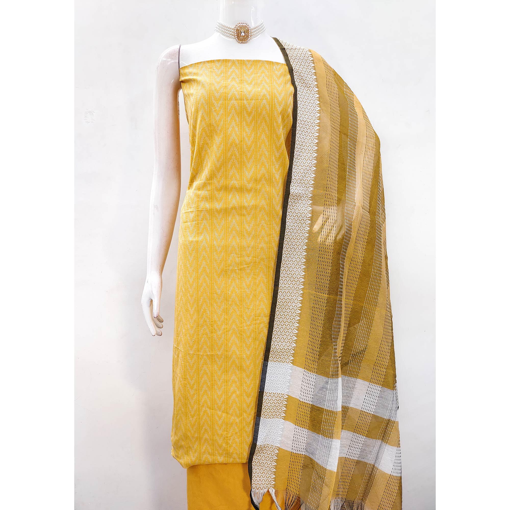 Make a Statement With Mustard Chevron Woven Pattern Cotton Blend Dress Material