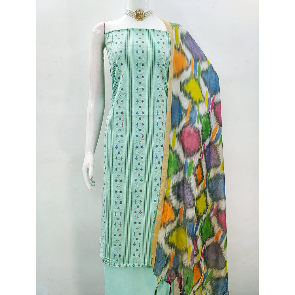 Make a Statement With Turquoise Woven Cotton Blend Dress Material