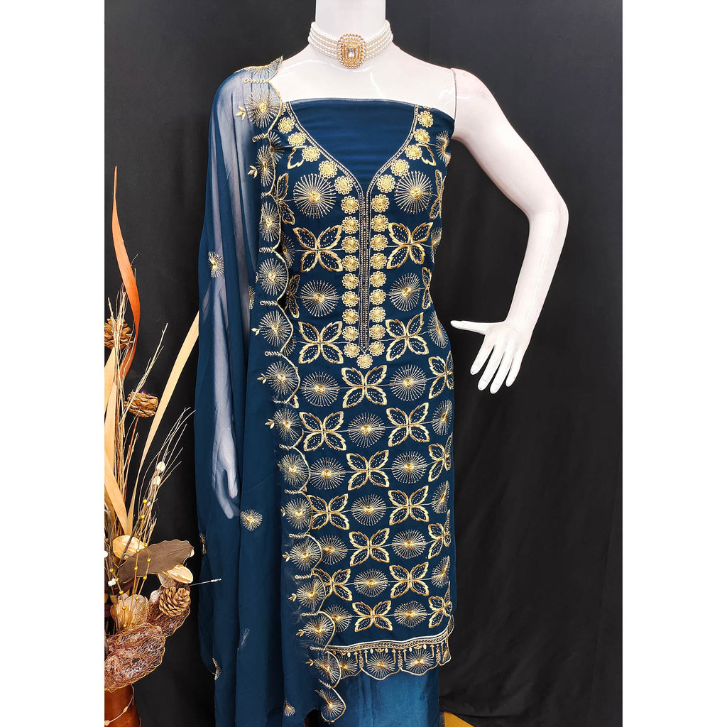 Blue Georgette Dress Material Featuring Delicate Floral Zari Embroidery